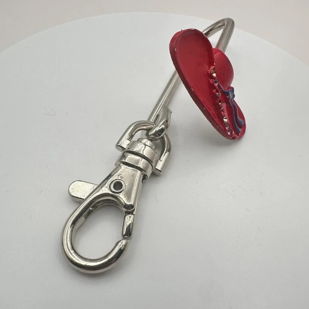 Vintage 90s Silver Tone Red Hat Society Purse Hook Key Finder Enamel Glass